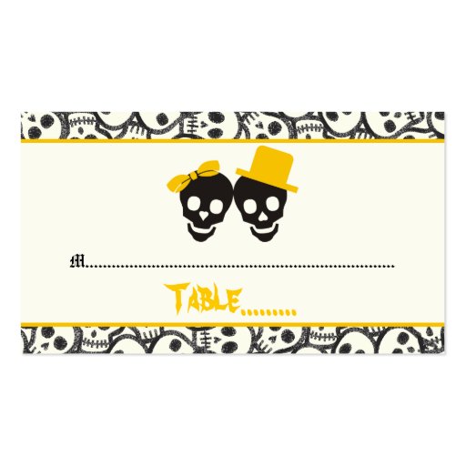 Elegant skulls Halloween yellow wedding place card Business Card Template (front side)