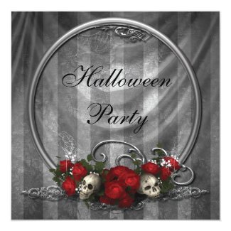 Elegant Skulls & Roses Halloween Party Invites