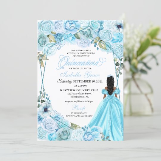 Elegant Sky Blue Floral Quinceanera Invitation Zazzle