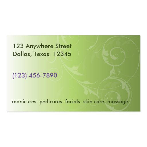 Elegant Soft Green Salon or Spa Business Card (back side)
