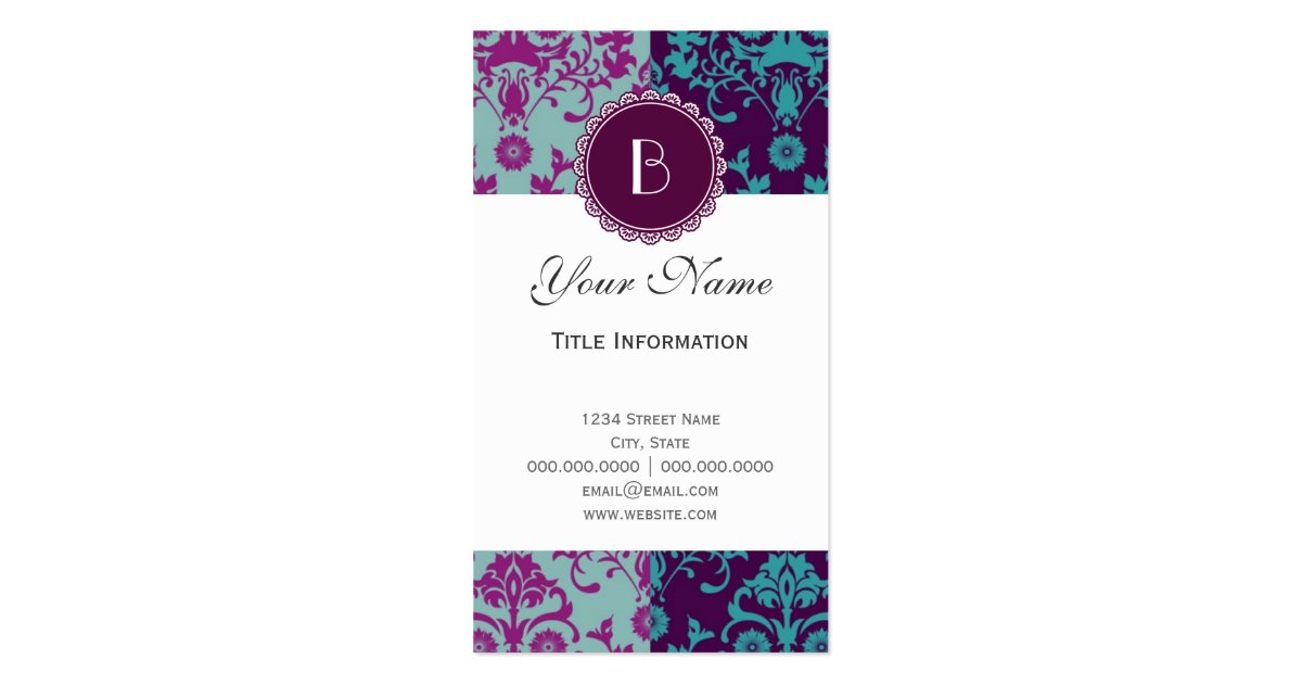 Elegant Split Damask Pattern with Monogram Business Card Zazzle