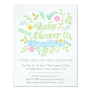 Elegant Spring Leaves Floral Wreath Baby Shower Invites