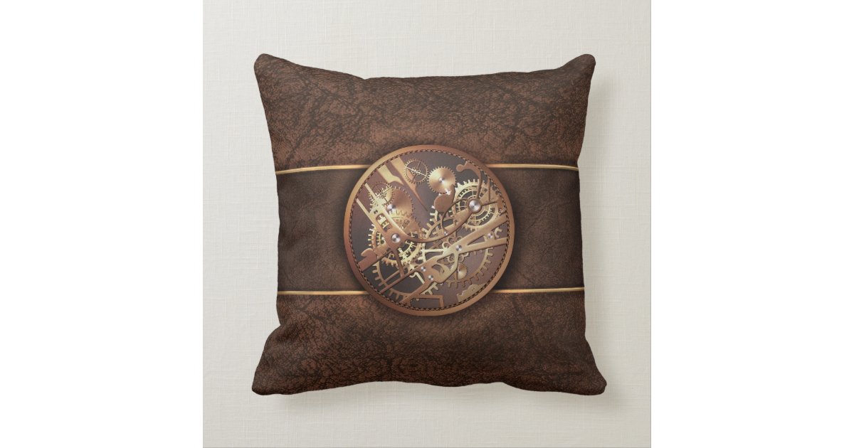 elegant steampunk gears gold brown throw pillow Zazzle