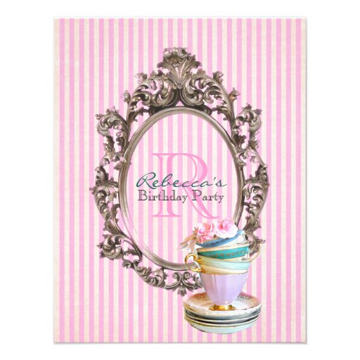 elegant stripes cupcake vintage birthday party announcement (front side)