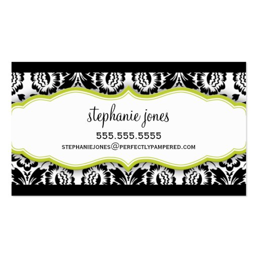 elegant stylish damask pattern black lime green business card templates (back side)