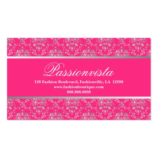 Elegant Stylish Silver Pink Damask Business Card (front side)