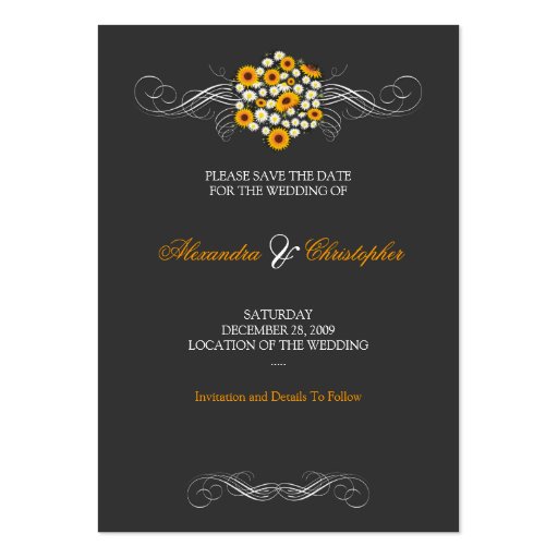 Elegant Sunflower Daisy Bouquet Save the Date Mini Business Card Template (back side)
