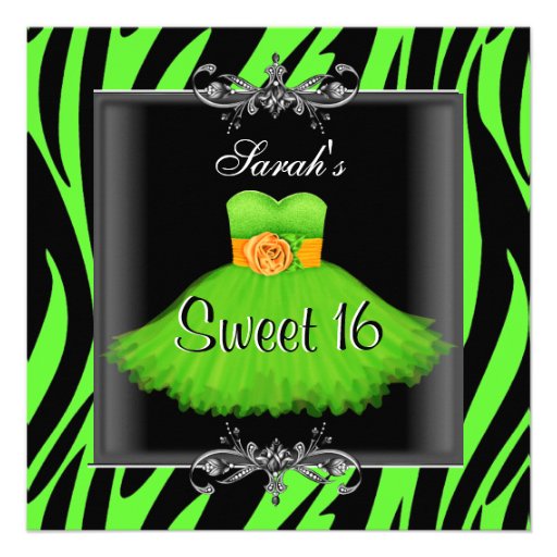 Elegant Sweet 16 Birthday Lime Zebra Black Dress Invitation