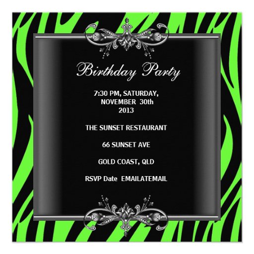 Elegant Sweet 16 Birthday Lime Zebra Black Dress Invitation