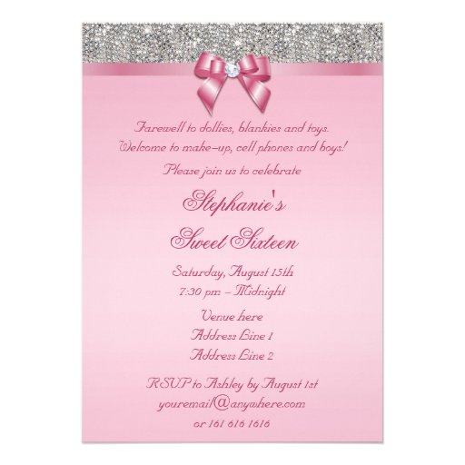 Elegant Sweet 16 Faux Silver Sequins Pink Bow Custom Invitations