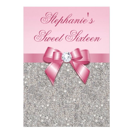 Elegant Sweet 16 Faux Silver Sequins Pink Bow Custom Invitations