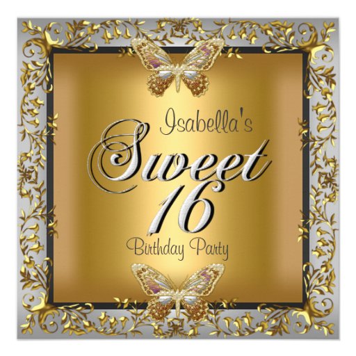 Elegant Sweet Sixteen 16 Gold Butterfly Personalized Announcement