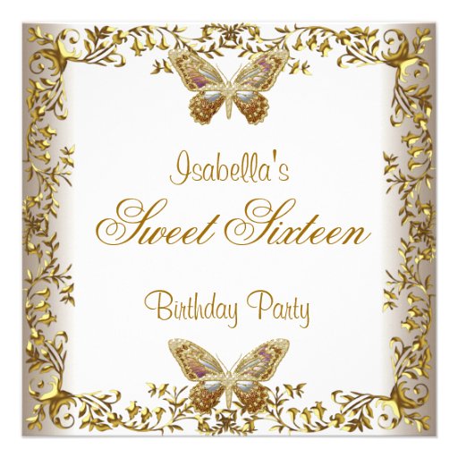 Elegant Sweet Sixteen 16 White Gold Butterfly Invitations (front side)