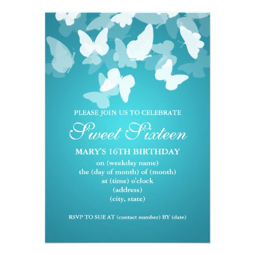 Elegant Sweet Sixteen Party Butterflies Blue Personalized Announcement