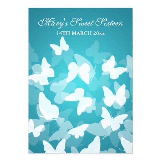 Elegant Sweet Sixteen Party Butterflies Blue Personalized Announcement