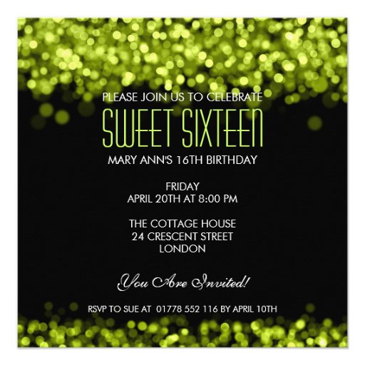 Elegant Sweet Sixteen Sparkling Lights Green Invite