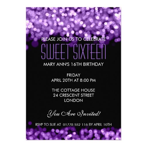 Elegant Sweet Sixteen Sparkling Lights Purple Personalized Invitation
