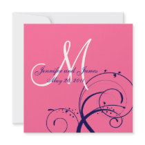 Elegant Swirl Wedding Invitation Navy Pink Front