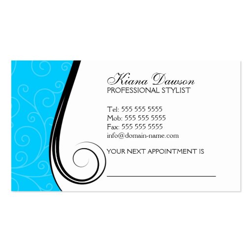 Elegant Swirls Salon Aqua Blue Business Cards (back side)