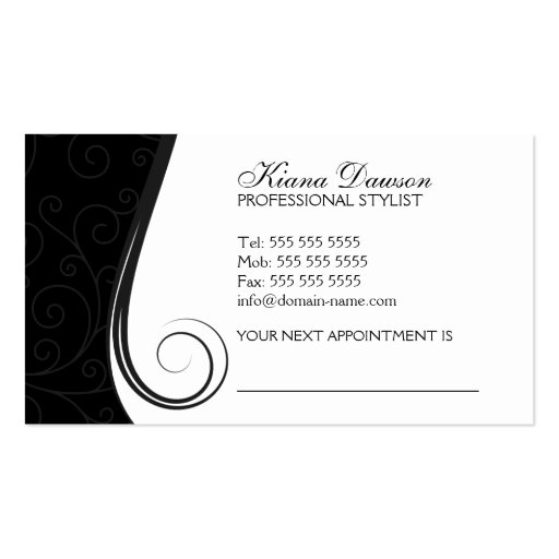 Elegant Swirls Salon Black Grey Business Cards (back side)