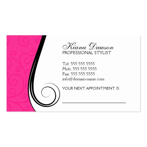 Elegant Swirls Salon Hot Pink Business Cards (back side)