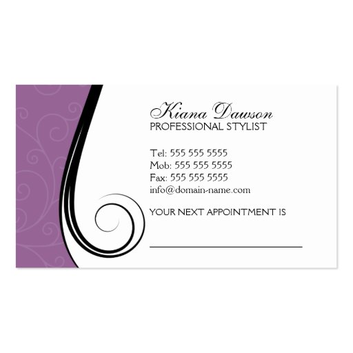 Elegant Swirls Salon Lavender Business Cards (back side)