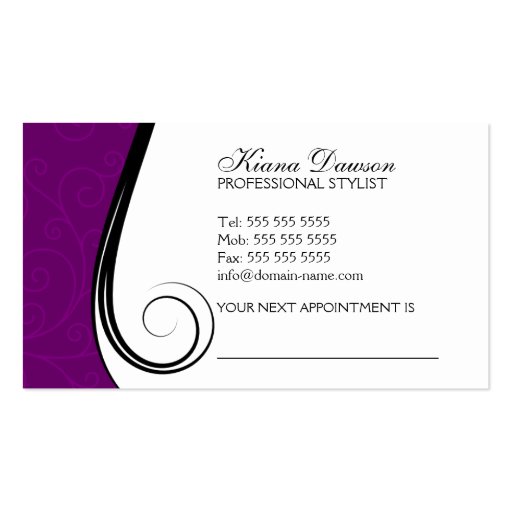 Elegant Swirls Salon Purple Business Cards (back side)