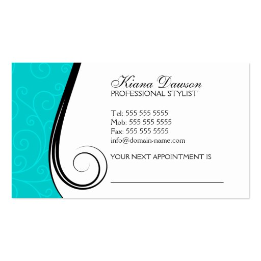 Elegant Swirls Salon Turquoise Business Cards (back side)