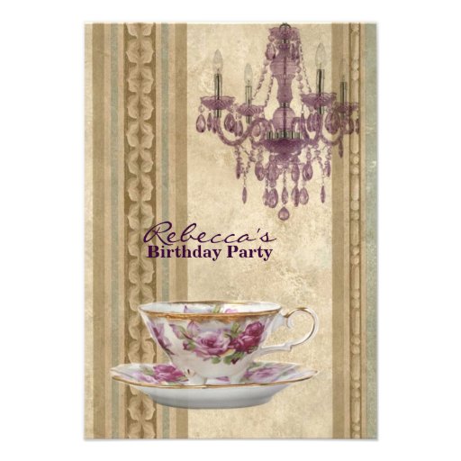 elegant tea cup chandelier vintage birthday party personalized announcement (front side)