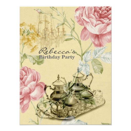 elegant  tea cup vintage floral birthday party invite (front side)