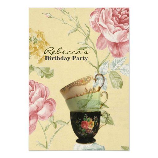 elegant tea cup vintage floral birthday party personalized invitation (front side)