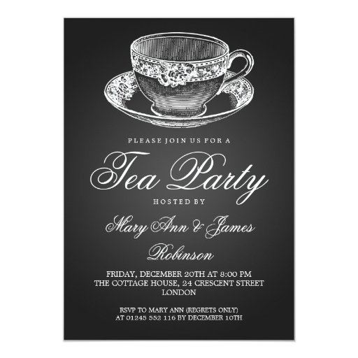 Elegant Tea Party Vintage Tea Cup Black Custom Invitations (front side)