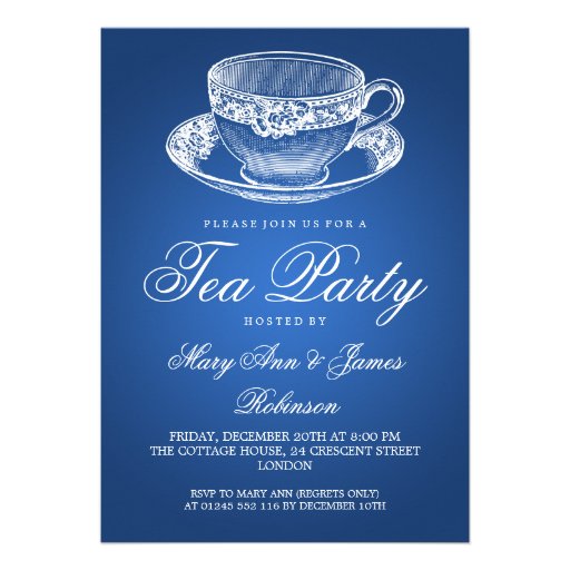 Elegant Tea Party Vintage Tea Cup Blue Custom Announcements (front side)