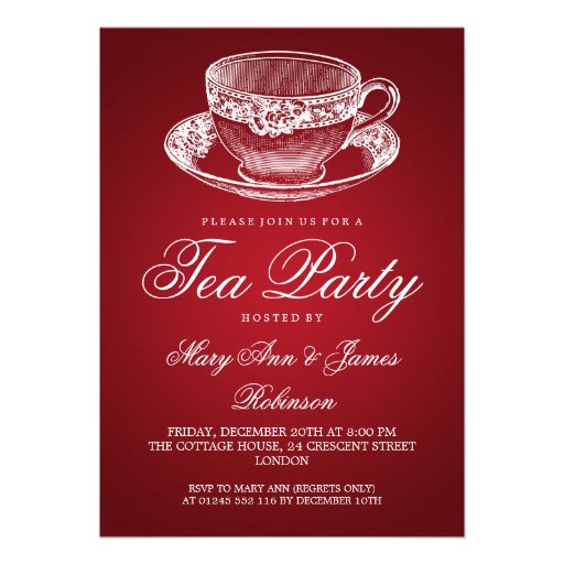 Elegant Tea Party Vintage Tea Cup Red Custom Announcements