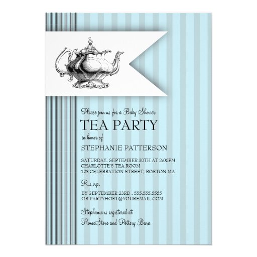 Elegant Tea Ticking Stripe Baby Shower Tea Party Custom Invitations