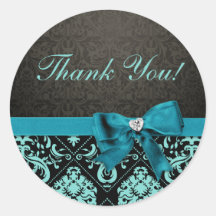 Elegant Teal Blue and Black Damask Thank You Round Sticker