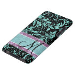 Elegant teal blue and black damask with monogram iPod touch Case-Mate case