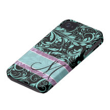 Elegant teal blue and black damask with monogram iPhone 4 cover
