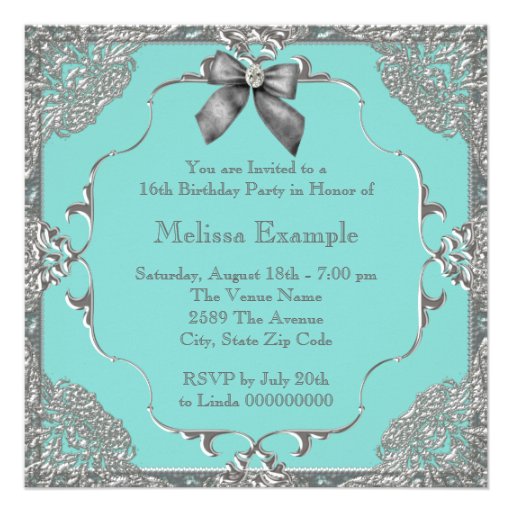 Elegant Teal Blue and Silver Photo Sweet 16 Party Personalized Invite