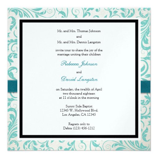 Elegant Teal Blue and White Damask Wedding Custom Invites