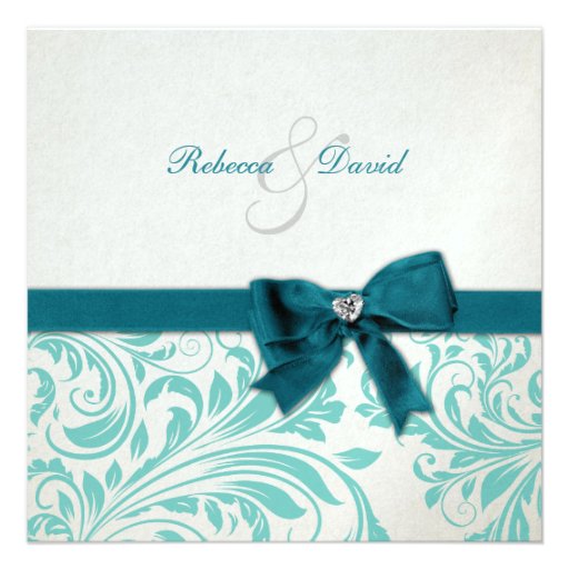 Elegant Teal Blue and White Damask Wedding Custom Invites