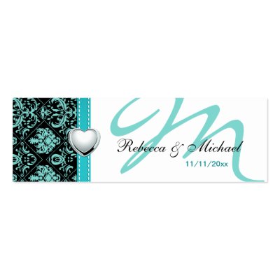 Elegant Teal Blue / Black Damask Favor Tags Business Cards