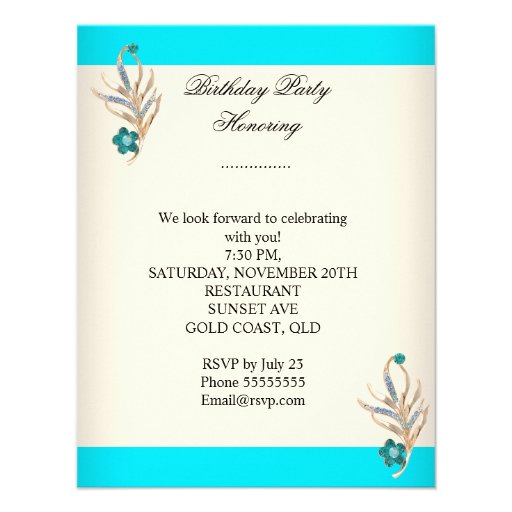 Elegant Teal Blue Cream White Jewel Birthday Party Invitations