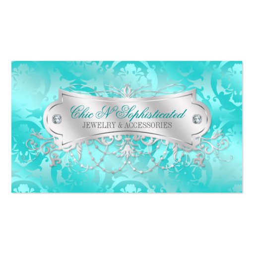 Elegant Teal Blue Damask Swirl Business Cards (front side)
