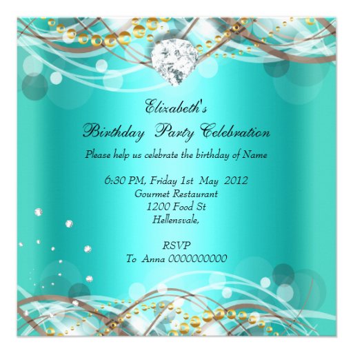 Elegant Teal Blue Gold Diamond Birthday Party Custom Announcement