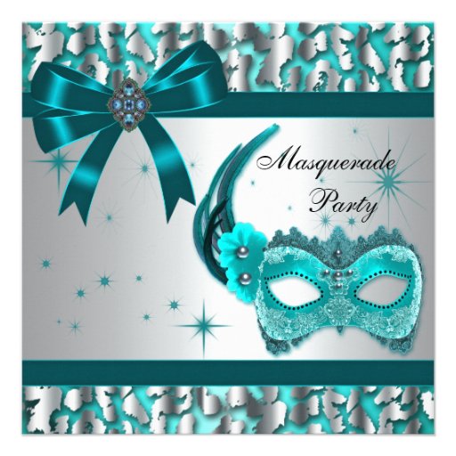Elegant Teal Blue Leopard Masquerade Party Personalized Invites (front side)
