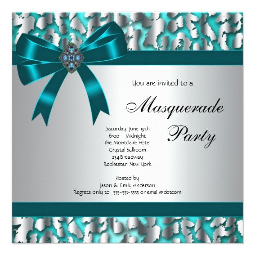 Elegant Teal Blue Leopard Masquerade Party Personalized Invites