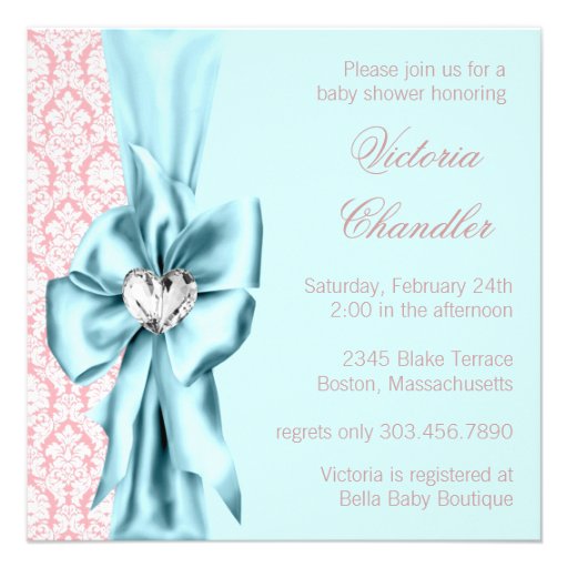 Elegant Teal Blue Pink Damask Baby Girl Shower Announcements