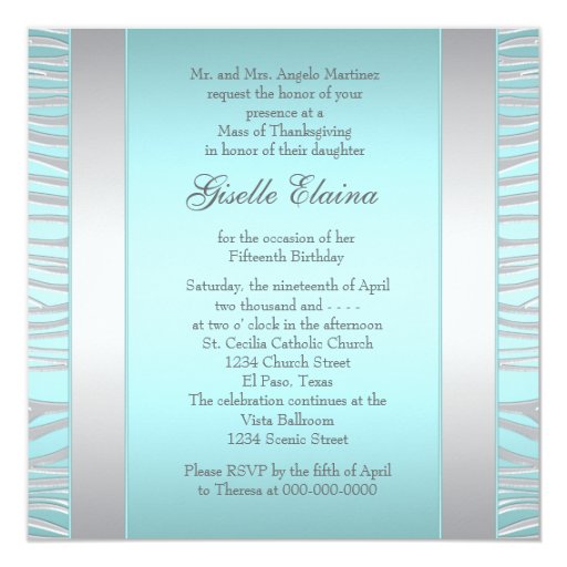 Elegant Teal Blue Quinceanera Personalized Invitations