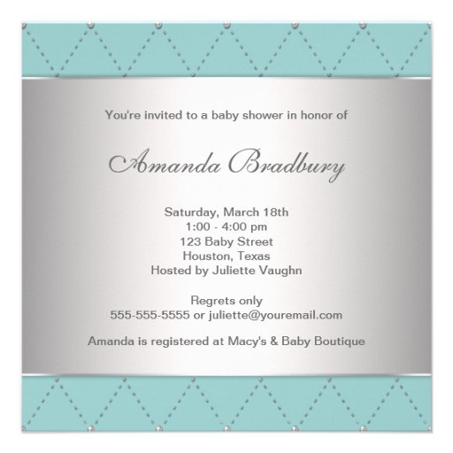 Elegant Teal Blue Silver Boy Shower Custom Invitation
